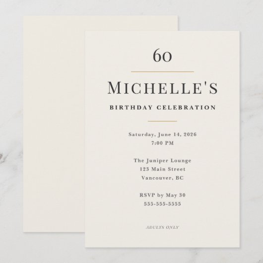 Elegant Minimal 60th Birthday Celebration 招待状 (正面/裏面)