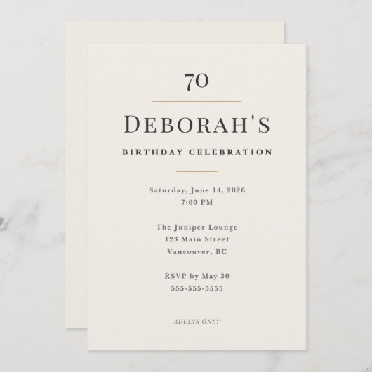 Elegant Minimal 70th Birthday Celebration 招待状 (正面/裏面)