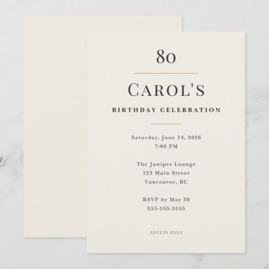 Elegant Minimal 80th Birthday Celebration 招待状 (正面/裏面)