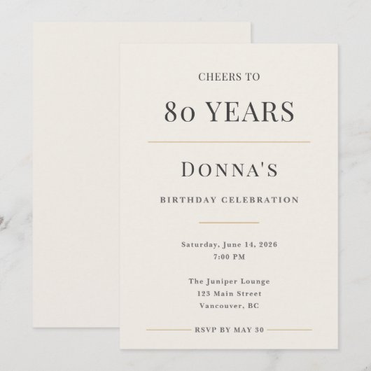 Elegant Minimal 80th Birthday Celebration 招待状 (正面/裏面)