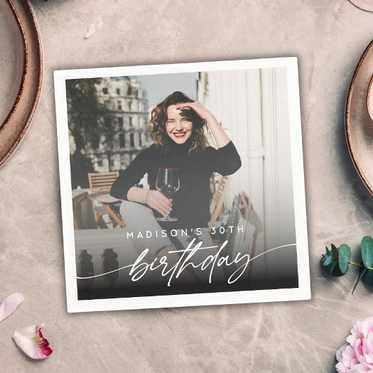 Elegant Minimal Birthday Party Photo Modern Script スタンダードカクテルナプキン