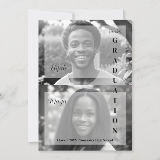 Elegant Minimal Black & White 2 Photos Double Grad 招待状 (正面)