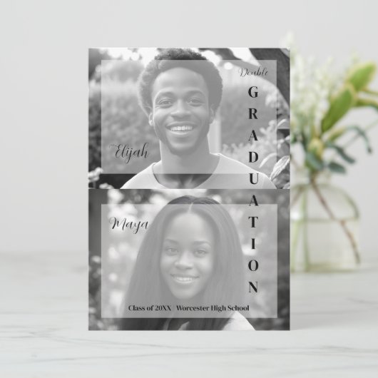 Elegant Minimal Black & White 2 Photos Double Grad 招待状 (スタンド正面)