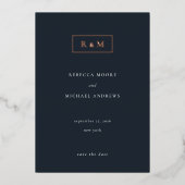 Elegant Minimal Blue Monogram Wedding Save Date 箔招待状 (正面)