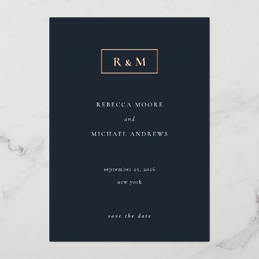 Elegant Minimal Blue Monogram Wedding Save Date 箔招待状 (正面)