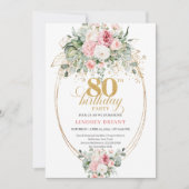 Elegant Minimal Blush Floral 80th Birthday Invites 招待状 (正面)