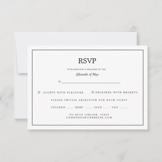 Elegant Minimal Border Black and White Wedding 出欠カード (正面)