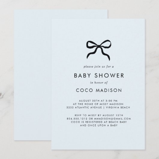Elegant Minimal Bow Boy Baby Shower Invitation 招待状 (正面/裏面)