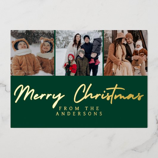 Elegant Minimal Christmas | Modern Family 3 Photo 箔シーズンカード (正面)