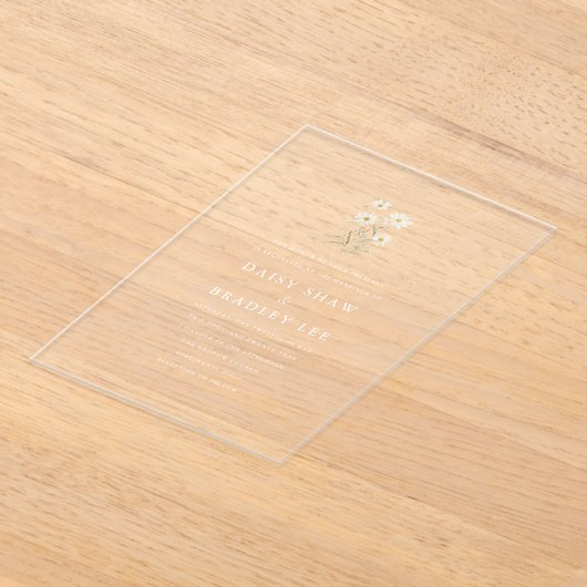 Elegant Minimal Daisy Floral Wedding アクリル招待状 (レイダウン)