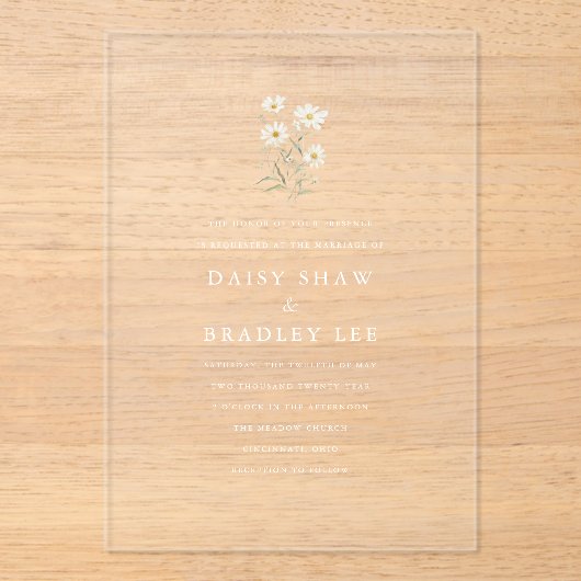 Elegant Minimal Daisy Floral Wedding アクリル招待状 (正面)