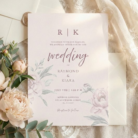 Elegant Minimal Dusky Pink Peony Floral Wedding  招待状