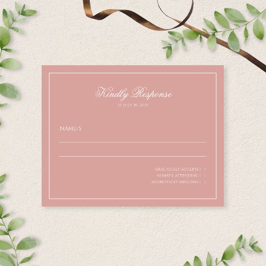 Elegant Minimal Dusty Rose Border Script Wedding 出欠カード