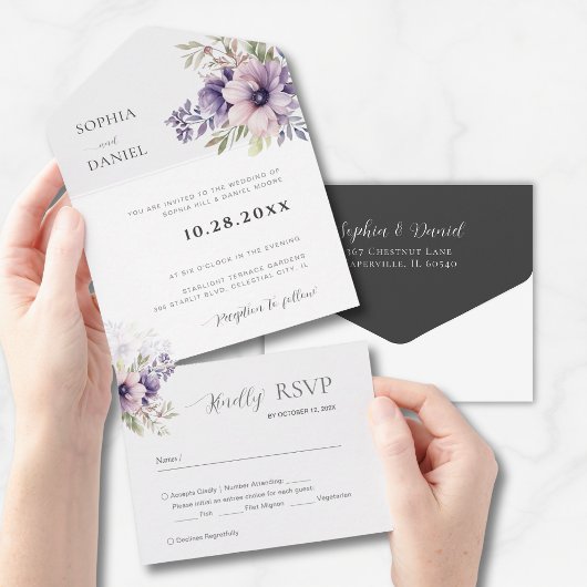 Elegant Minimal Floral White Wedding Invitation  オールインワン招待状