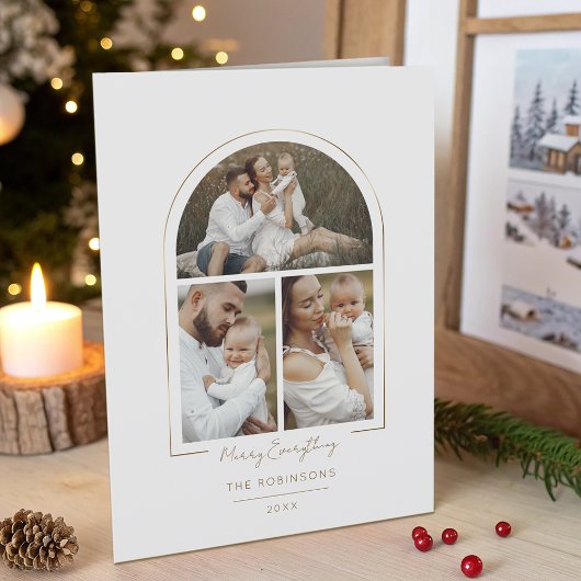 Elegant Minimal Gold Line Arch 3-Photo シーズンカード