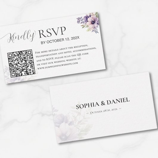 Elegant Minimal Lavender Floral QR Code Wedding  エンクロージャーカード