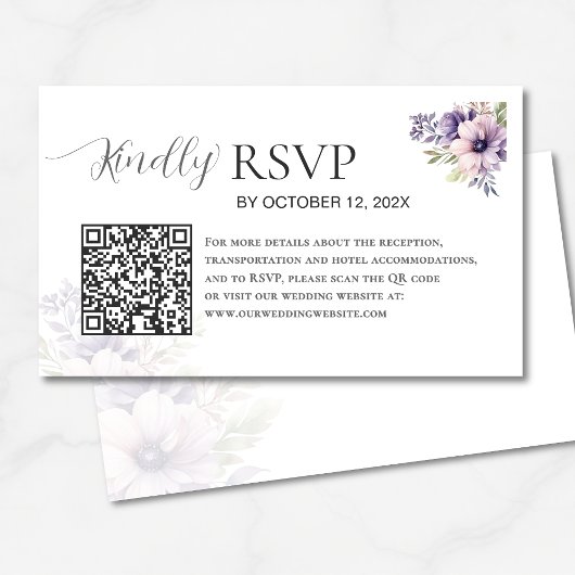 Elegant Minimal Lavender Floral QR Code Wedding  エンクロージャーカード