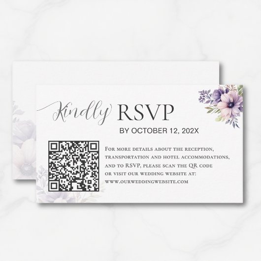 Elegant Minimal Lavender Floral QR Code Wedding  エンクロージャーカード
