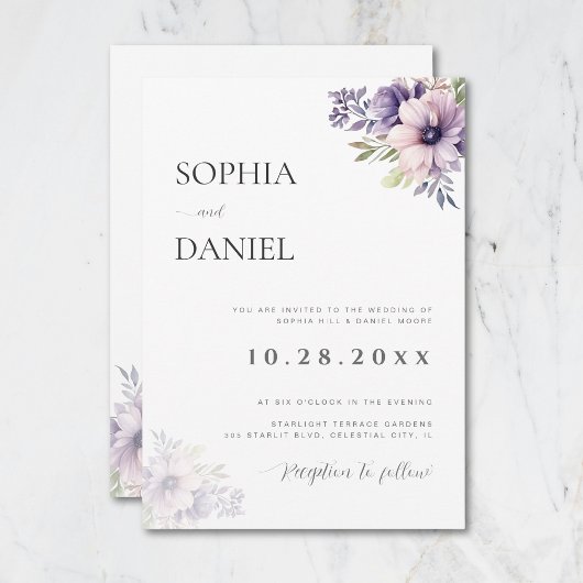 Elegant Minimal Lavender Floral Wedding Invitation 招待状