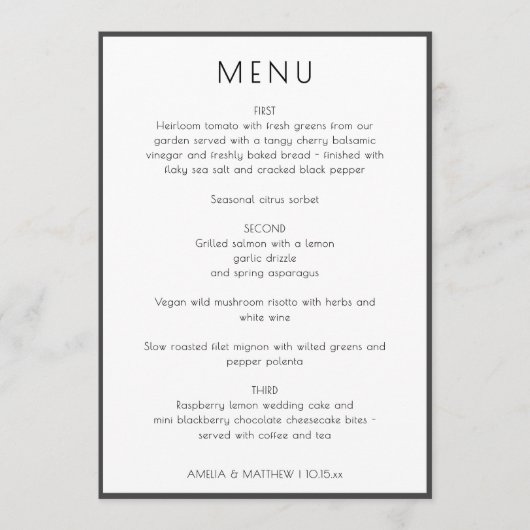 Elegant Minimal Modern White Simple Wedding Dinner メニュー (正面)