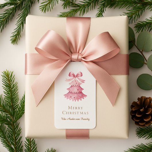 Elegant Minimal Pink Christmas Tree Typography ラベル