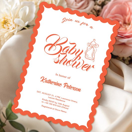 Elegant Minimal Scalloped Baby Shower Invitation 招待状