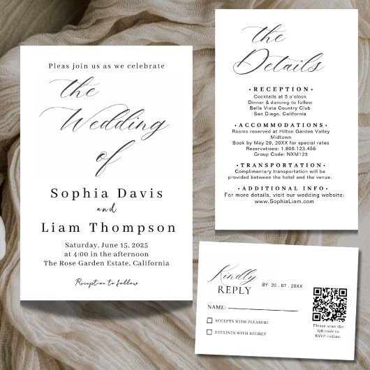 Elegant Minimal Script Black and White Wedding Inv 招待状