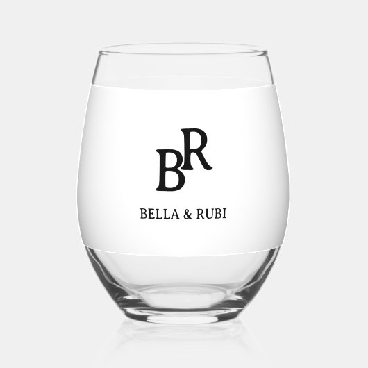 Elegant Minimal Wedding Monogram Stemless Wine Gla ステムなしワイングラス (正面)