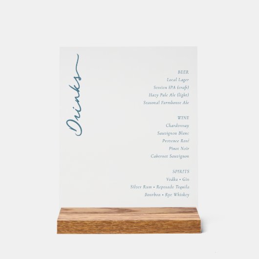 Elegant Minimalist Beverage Guide Blue Serif アクリルサイン (正面)