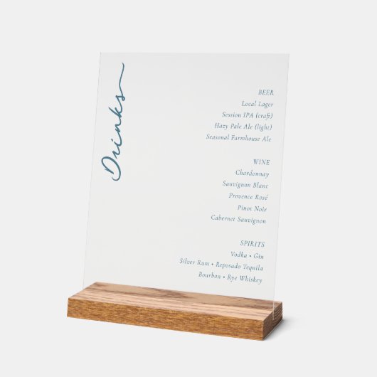 Elegant Minimalist Beverage Guide Blue Serif アクリルサイン (傾斜)