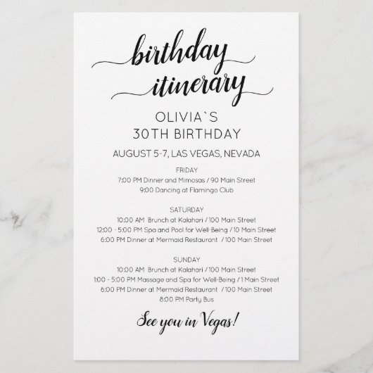 Elegant Minimalist Birthday Itinerary Invitation (正面)