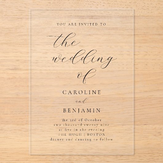 Elegant Minimalist Black Calligraphy Wedding Clear アクリル招待状 (正面)