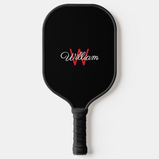 Elegant Minimalist Black Red Monogrammed ピックルボールラケット (正面)