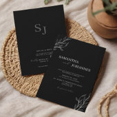 Elegant Minimalist Black Rustic Floral QR Wedding 招待状