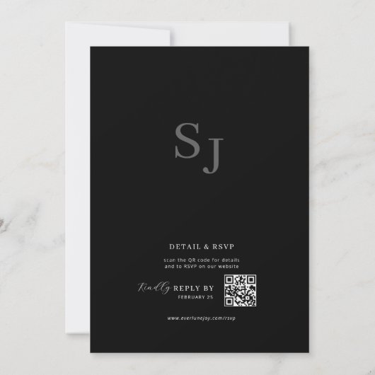 Elegant Minimalist Black Rustic Floral QR Wedding 招待状 (裏面)