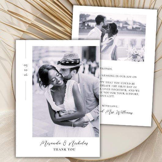 Elegant Minimalist Black Script 2 Photo Wedding  サンキューカード