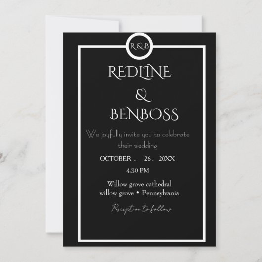 Elegant Minimalist  Black & White Wedding  招待状 (正面)