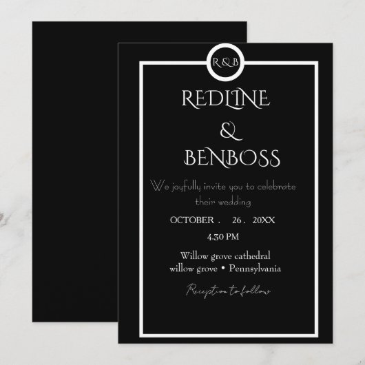 Elegant Minimalist  Black & White Wedding  招待状 (正面/裏面)