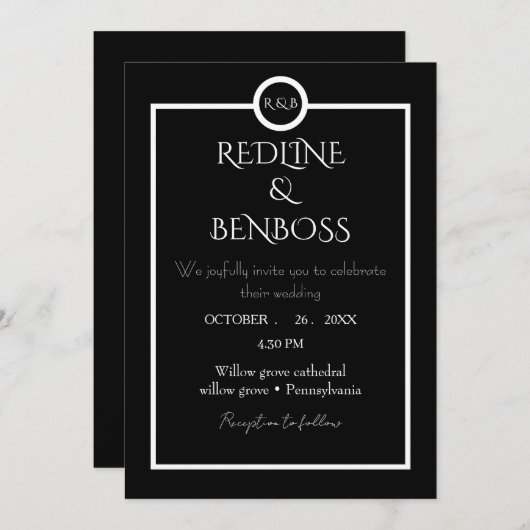 Elegant Minimalist  Black & White Wedding  Invitat 招待状 (正面/裏面)