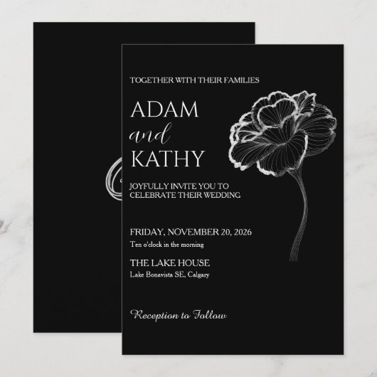 Elegant Minimalist Black White Wedding Invitation 招待状 (正面/裏面)