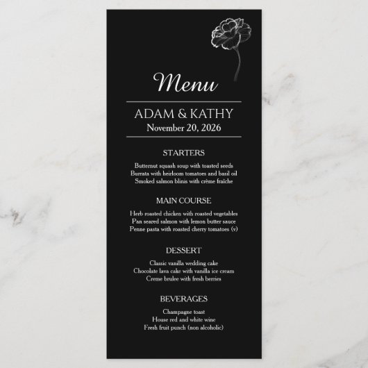 Elegant Minimalist Black White Wedding Menu メニュー (正面)