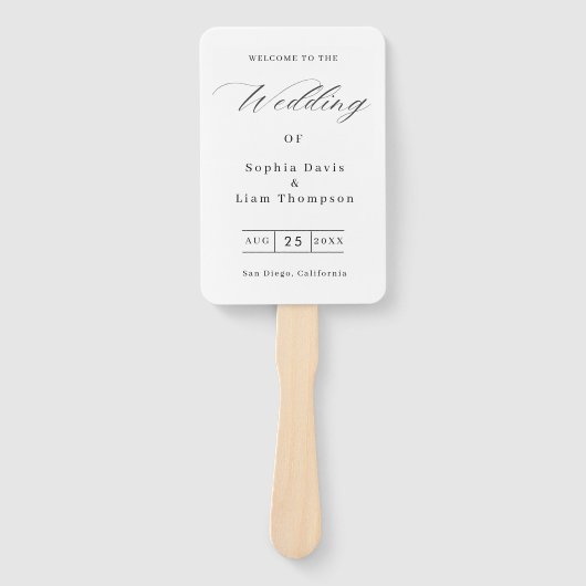 Elegant Minimalist Black White Wedding Program Fan ハンドファン (正面)