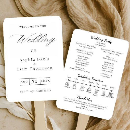 Elegant Minimalist Black White Wedding Program Fan ハンドファン