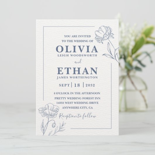 Elegant Minimalist Blue Floral Sketch Wedding  招待状 (スタンド正面)