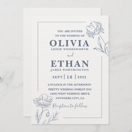 Elegant Minimalist Blue Floral Sketch Wedding  招待状 (正面/裏面)