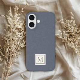 Elegant Minimalist Blue Gray Faux Linen Monogram iPhone 16ケース