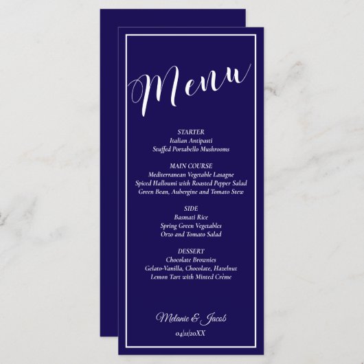 Elegant Minimalist Blue Wedding Flat Menu Card メニュー (正面/裏面)