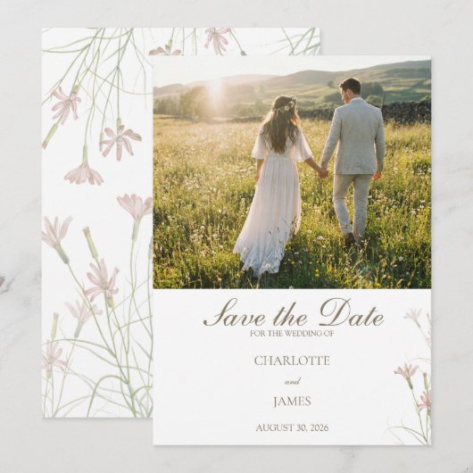 Elegant Minimalist Blush Pink Wildflower Wedding セーブザデート (正面/裏面)