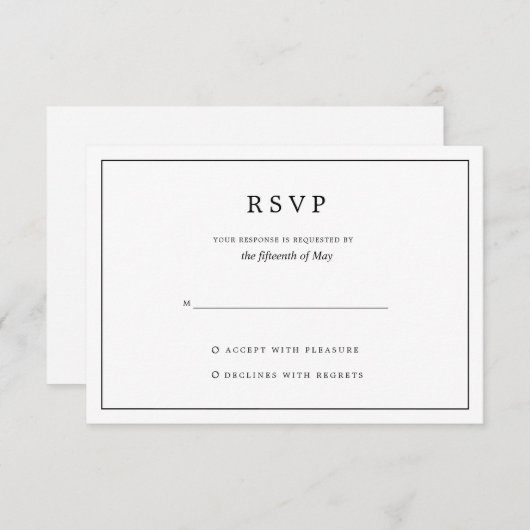 Elegant Minimalist Border Black and White Wedding 出欠カード (正面/裏面)