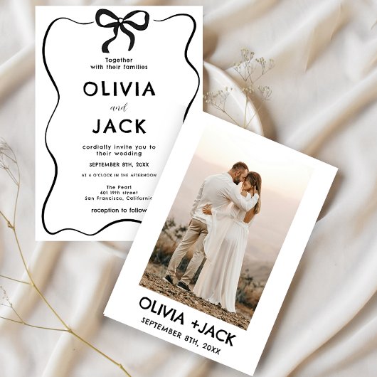 Elegant Minimalist Bow Hand Drawing Photo Wedding 招待状